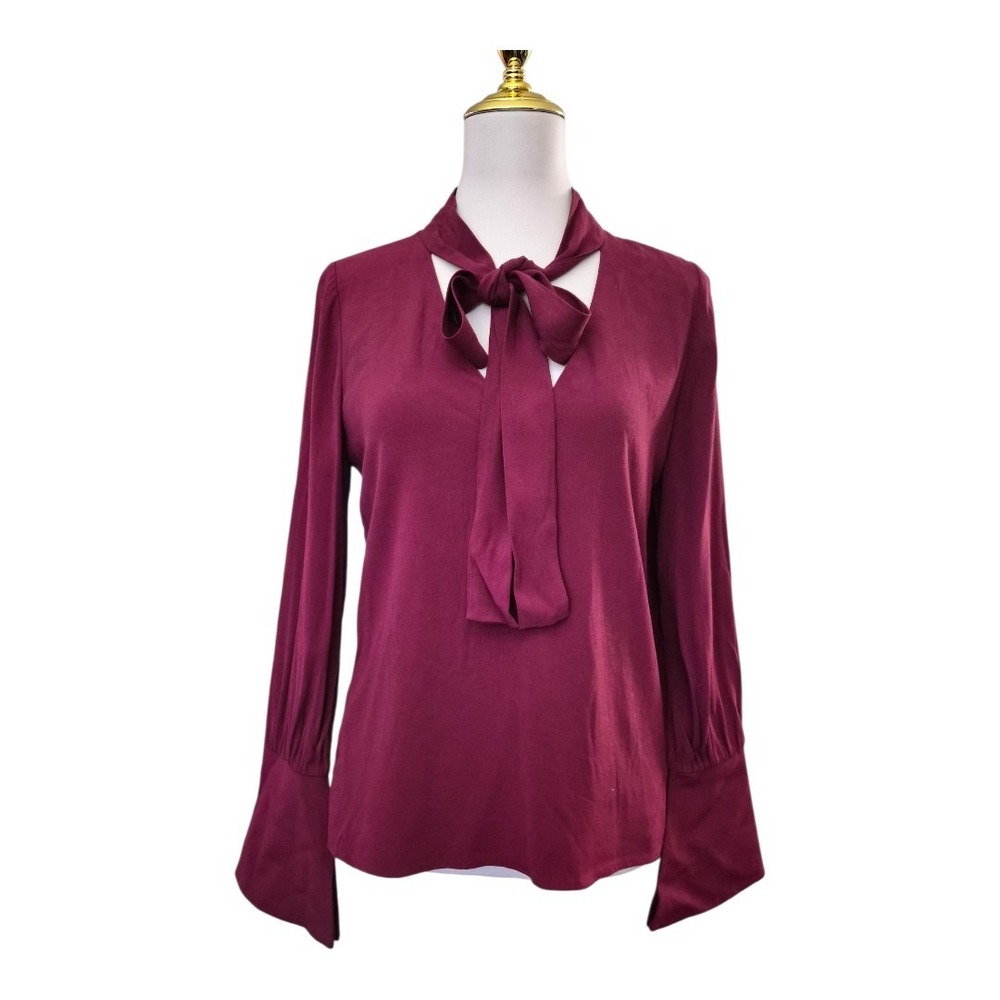 Alexis Diana Top Burgundy Bow Tie Neck Blouse Bell Sleeve NWT Size Small